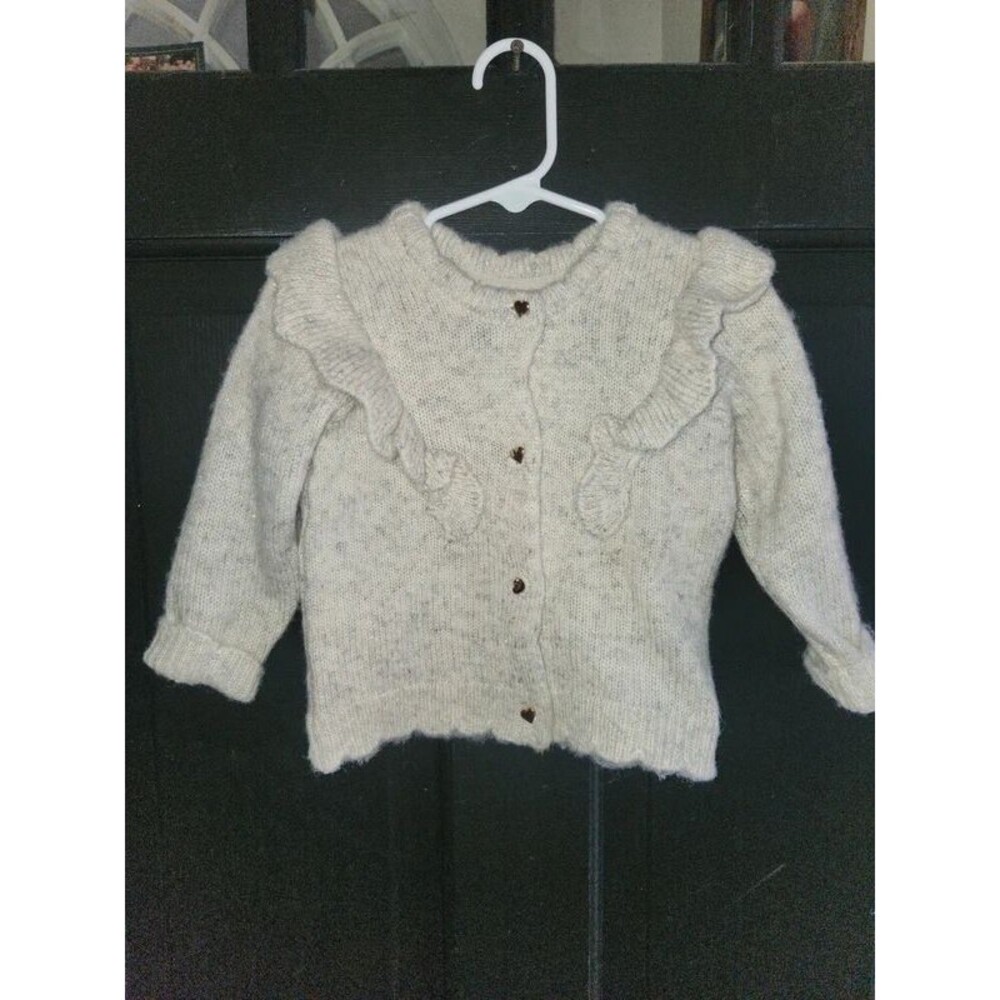 H&M Baby Girl Flounce Ruffle Knit Cardigan Sweater Beige Hearts - Size 18M